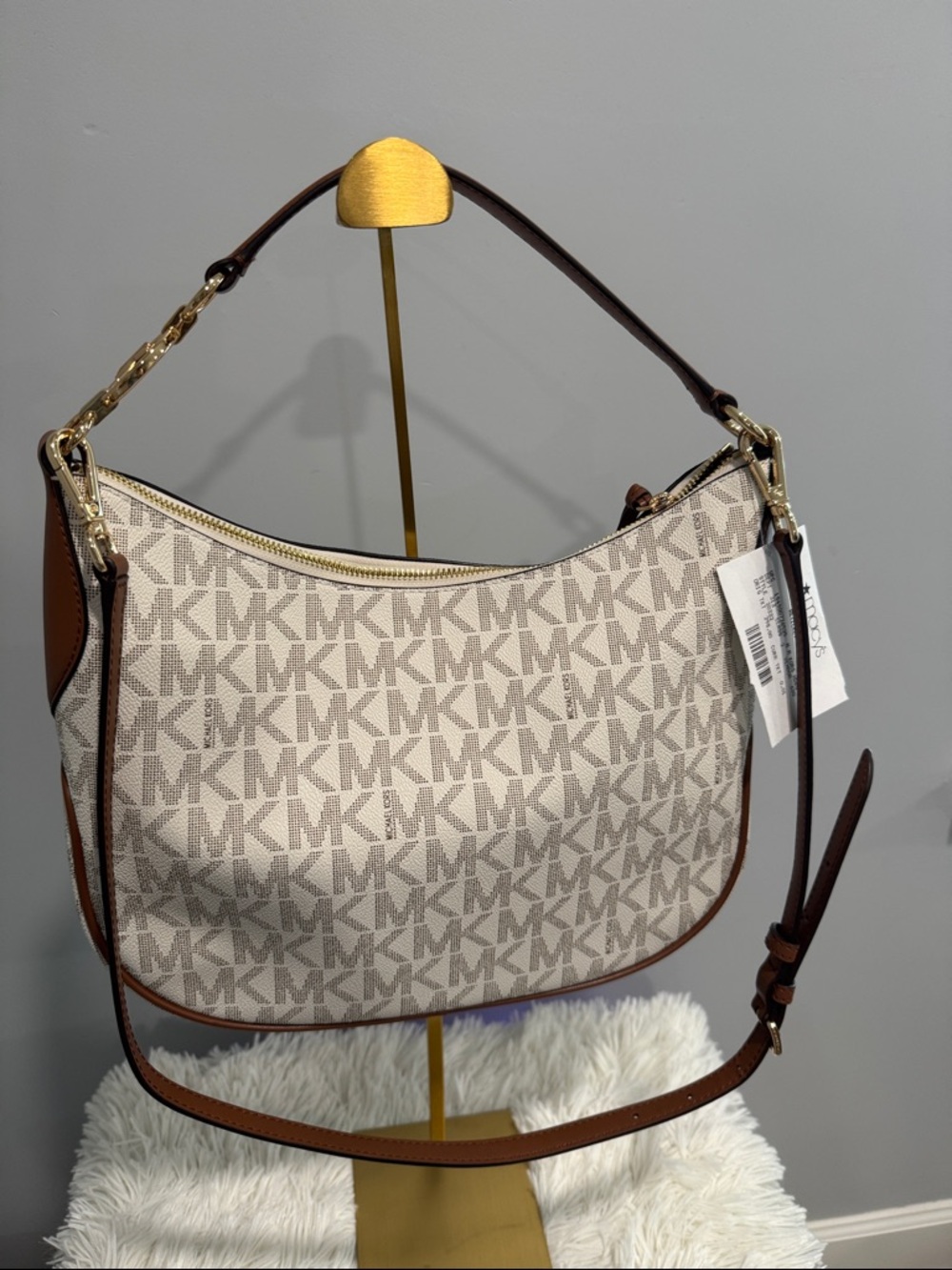 Michael Kors Beige MK Logo Shoulder Bag with Brown Trim - Picture 2 of 6